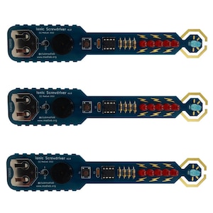 May include: Three blue circuit boards with gold accents and red and blue lights. The boards are labelled "Ionic Screwdriver v1.0" and "Ionic Screwdriver v2.0".