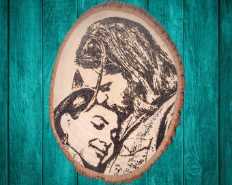 Custom Couple Pyrography on Oval Live Edge