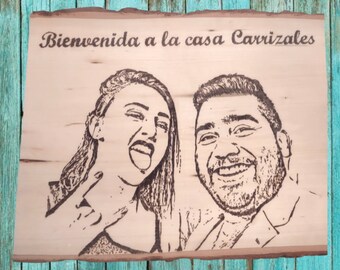 Custom Couple Pyrography on Rectangle Live Edge