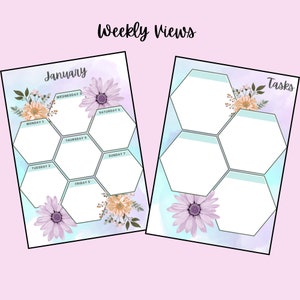 May include: A weekly planner with a floral design. The planner has a hexagonal layout with spaces for each day of the week, labeled Monday through Sunday. The planner also has a section for tasks.