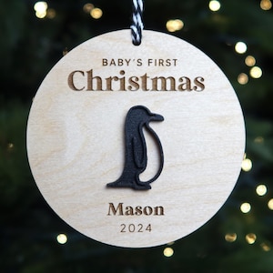 Baby First Christmas Ornament Personalized Engraved Wood Penguin Baby Keepsake Gift for 2025