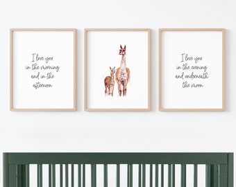 3 Print Set Watercolor Llama Art, Love You in the Morning and in the Afternoon, Boho Nursery Wall Art Prints