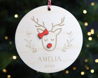 Personalized Reindeer Kid Name Ornament, Custom Name Wood Christmas Ornament 2023