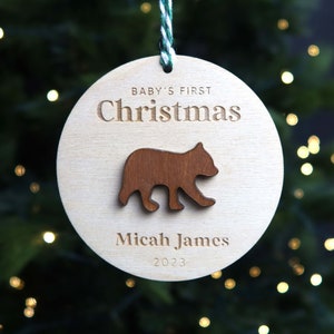 Personalized Baby First Christmas Ornament, Wood Bear Ornament, 2023 Custom Baby Ornament
