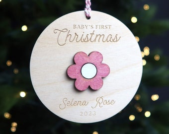 Personalized Baby First Christmas Ornament 2023, Handmade Wood Flower Baby Ornament