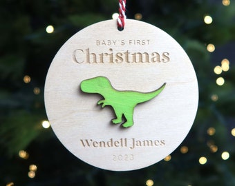 Personalized Baby First Christmas Dinosaur Ornament, Wood T-Rex Ornament, 2023 Custom Baby Ornament