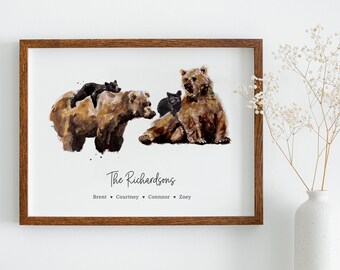 Bear Family Watercolor Art Print Customizable Family Size with Personalized Names