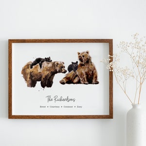 Bear Family Watercolor Art Print Customizable Family Size with Personalized Names