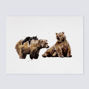 Bear Family of 3 (Two Big and One Small Bear) Woodland Animal Watercolor Art Print for Woodland Nursery