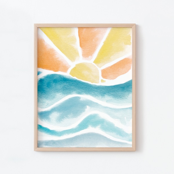 Sunset on the Waves Watercolor Art Print Digital Download for Ocean Nursery or Beach House Art