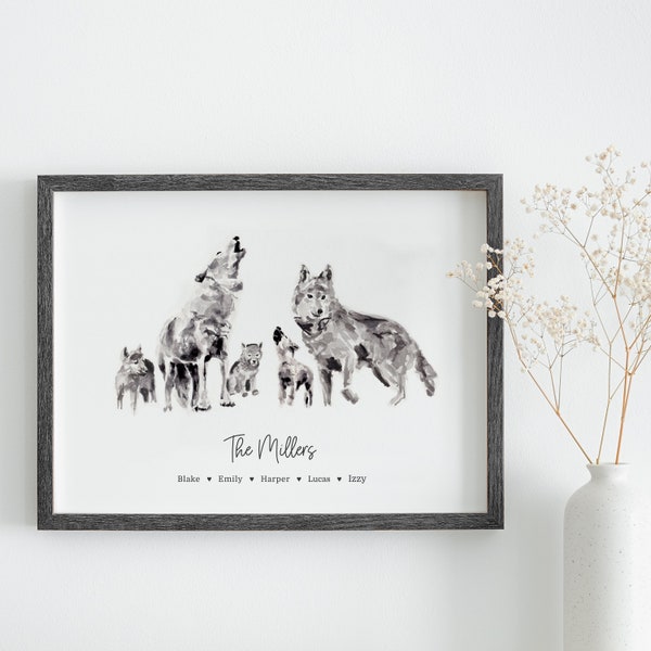 Wolf Family Watercolor Art Print Customizable Family Size with Personalized Names