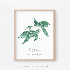 Sea Turtle Family Watercolor Art Print Personalized Mother&#39;s Day Gift