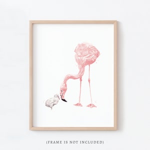 Pink Flamingo Mother and Baby Art Watercolor Print Tropical Decor for Flamingo Nursery