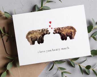 Valentine's Day Card, Blank Inside Card, Bears in Love Card, I Love You Beary Much Anniversary Card, 5x7 Valentines Day Print