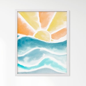 Sonne auf den Wellen Buntes Aquarell Kunstdruck für Ocean Kinderzimmer oder Beach House Art
