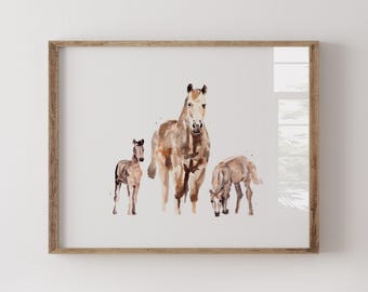 Mother and Two Baby Horses Watercolor Print - Farmhouse Nursery Wall Art