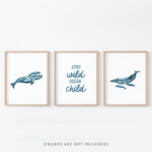 Stay Wild Ocean Child Watercolor Whale Art Print Set of 3 for Nautical Nursery