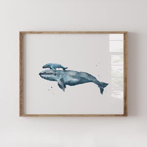 Mother Whale and Baby Whale Watercolor Art Print – Ocean Animal Nursery Wall Decor