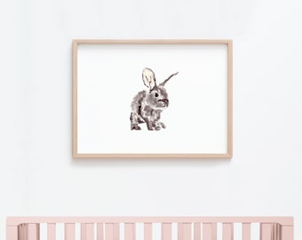 Baby Bunny Watercolor Print for Woodland Nursery, Rabbit Painting Wall Art