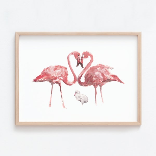 Flamingo Family with One Baby Digital Download Watercolor Art Print for Tropical Nursery