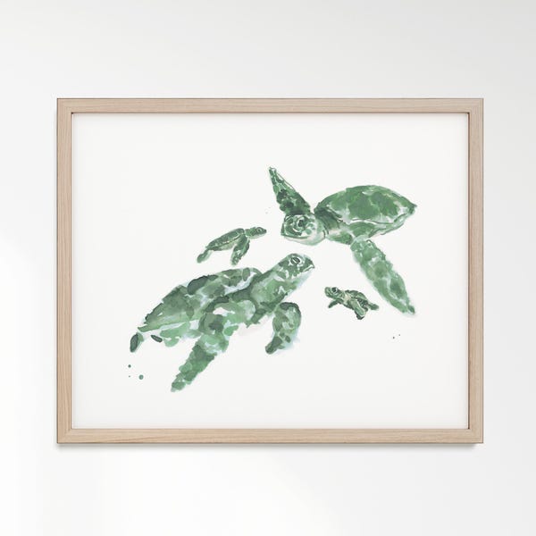 Sea Turtle Family Watercolor Art Print, Beach Nursery Decor