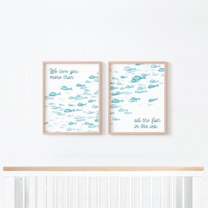 Love You More Than All the Fish in the Sea Watercolor 2 Print Set Nautical Nursery Wall Art