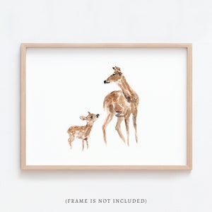 Deer and Baby Deer Art Watercolor Painting Print for Woodland Nursery