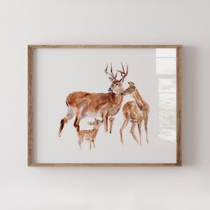 Aquarel kunstprint familie van 3 herten – Wanddecoratie bosdierenkwekerij