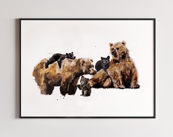 Bear Family of 5 (Two Big and Three Small ) Woodland Animal Watercolor Art Print for Woodland Nursery