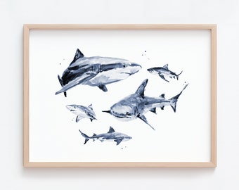 Shark Family of 5 (Two Big and Three Small Shark) Ocean Animal Watercolor Art Print for Nautical Nursery