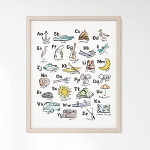 Watercolor Painting Lake Life ABC Print for Camping Nursery, Lake House Decor, or Playroom Wall Art