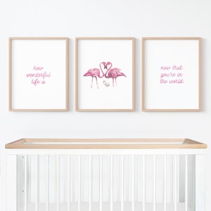 How Wonderful Life is Now That You&#39;re in the World Flamingo Watercolor Print Set, Wall art for girl nursery, Pink nursery print