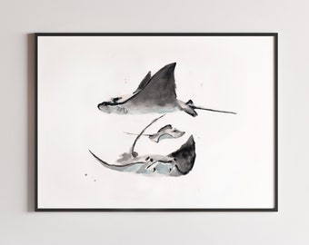 Stingray Family of 3 (Two Big and One Small) Ocean Animal Watercolor Art Print for Ocean Nursery