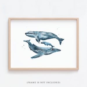 Whale Family of 3 (Two Big and One Small Whale) Ocean Animal Watercolor Art Print for Nautical Nursery