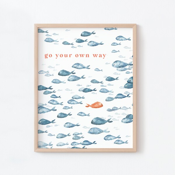 Go Your Own Way Fish Watercolor Art Print Digital Download for Nautical Nursery or Kid's Room