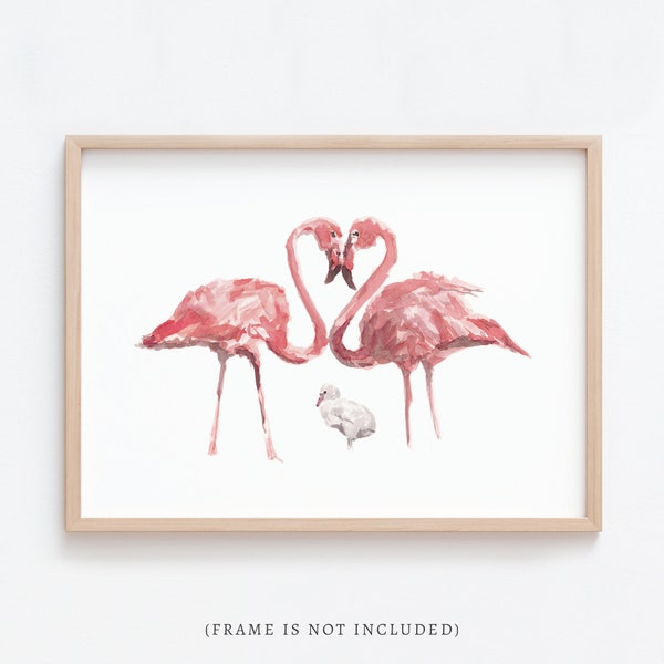 Impression d'art aquarelle Flamingo famille de 3 (deux grandes et une petite)