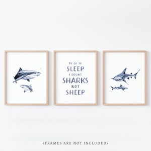 Count Sharks Not Sheep Shark Watercolor Art 3 Print Set for Nautical Nursery