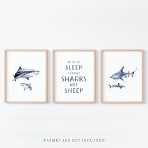 Count Sharks Not Sheep Shark Watercolor Art 3 Print Set for Nautical Nursery