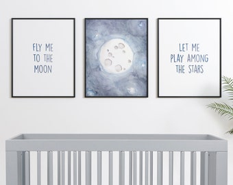 Fly Me To The Moon 3 Print Set for Space Nursery Baby Shower Gift