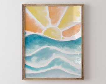 Sun on Waves Watercolor Art Print - Whimsical Beach Nursery Decor