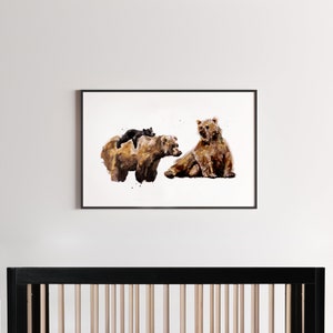 Bear Family of 3 (Two Big and One Small Bear) Woodland Animal Watercolor Art Print for Woodland Nursery