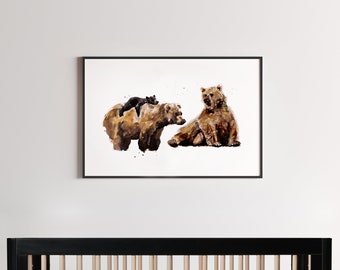 Bear Family Customizable Watercolor Art Print for Woodland Nursery