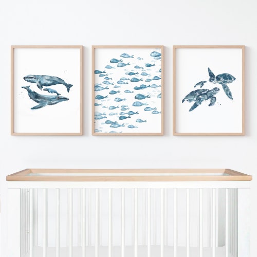 Blue Ocean Animal Watercolor 3 Print Set for Under the Sea Nursery