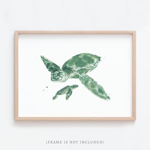 May include: A watercolor painting of a green sea turtle and a smaller green sea turtle swimming. The larger turtle is in the foreground and the smaller turtle is in the background.