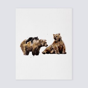 Bear Family of 3 (Two Big and One Small Bear) Woodland Animal Watercolor Art Print for Woodland Nursery