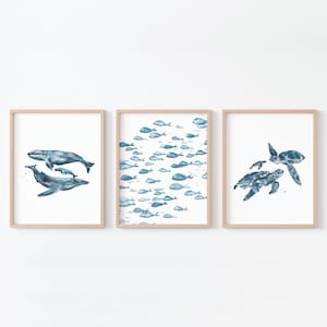 Meeres Tiere Aquarell Malerei 3er Set für Unterwasser Kinderzimmer