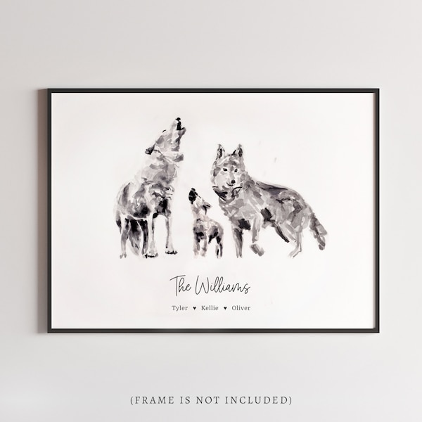 Wolf Family Personalized Watercolor Art Print with Custom Names Father's Day Gift