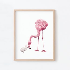 Flamingo and chick Watercolor Art Print Digital Download for Pink Nursery