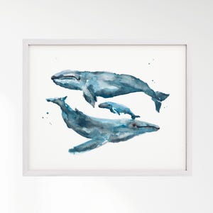 Whale Family of 3 (Two Big and One Small Whale) Ocean Animal Watercolor Art Print for Nautical Nursery