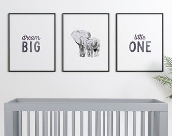 Dream Big Little One, Elephant 3 Print Set, Zoo Nursery Art, Jungle Baby Shower Gift